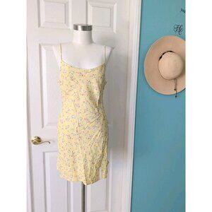 Nwt ASOS Yellow Floral linen Blend(11%) Dress With Slit Scoop Back Sz 6 Babydoll